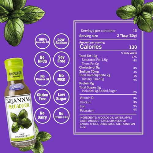 Briannas - Avocado Oil Herb Vinaigrette Dressing - Nutrient Rich, Low Sodium, Keto & Paleo Friendly Salad Dressing Made With 100% Avocado Oil - 10 Oz. Bottle