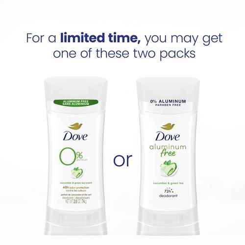 Dove 0% Aluminum Deodorant Stick Non Irritating For Underarm Care Cucumber And Green Tea, 2.6 Oz