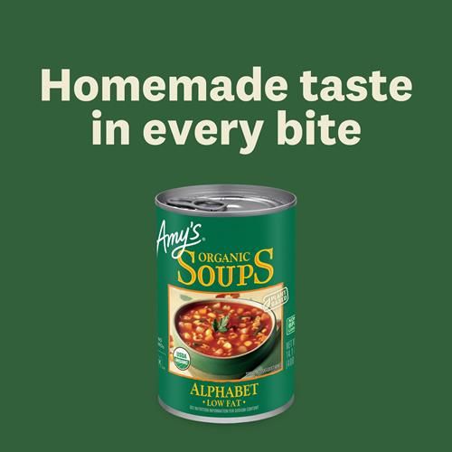 Amy’S Soup, Vegan Alphabet Soup, Low Fat, Made With Organic Potatoes, Carrots And Green Beans, Canned Soup, 14.1 Oz