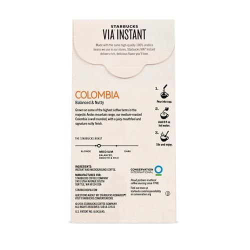 Starbucks Via Instant Coffee, Medium Roast Coffee, Colombia, 100% Arabica, 8 Count