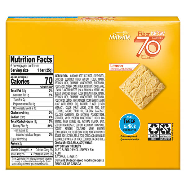 Millville Fiber Now 70 Calorie Lemon Flavored Bars, 6 count