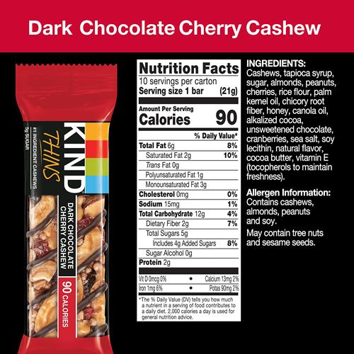 Kind Thins Dark Chocolate Cherry Chashew Bars, Gluten Free, 5G Sugar, 0.74 Oz Bars, 10 Count