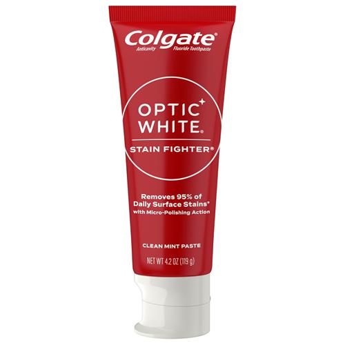 Colgate Optic White Stain Fighter Whitening Toothpaste, Clean Mint Flavor, Safely Removes Surface Stains, Enamel-Safe For Daily Use, Teeth Whitening Toothpaste With Fluoride, 4.2 Oz Tube
