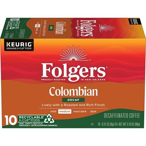 Folgers Colombian Decaf Coffee, Medium Roast, Keurig K-Cup Pods, 10 Count Box
