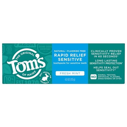 Toms Of Maine Fluoride-Free Rapid Relief Sensitive Toothpaste, Fresh Mint, 4 Oz. (Packaging May Vary)