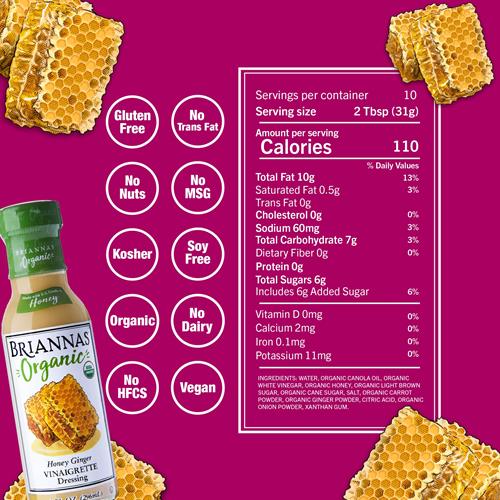Briannas - Organic Honey Ginger Vinaigrette Dressing - Certified Kosher & Organic Salad Dressing Made With Premium Ingredients - 10 Oz. Bottle