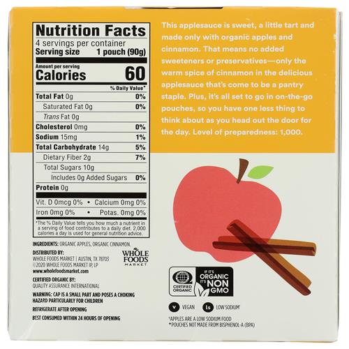 Whole Foods Market, Organic Cinnamon Applesauce Pouches, Unsweetened, 3.2 Ounce (Pack Of 4)