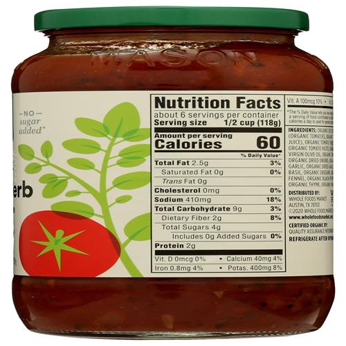 Whole Foods Market, Organic Italian Herb Pasta Sauce, 25 Oz