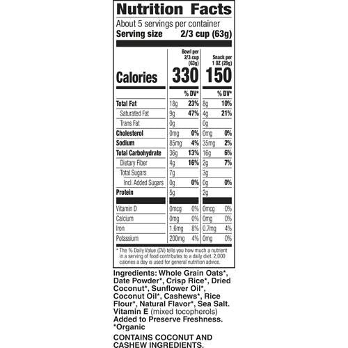 Cascadian Farm Organic Granola With No Added Sugar, Coconut Cashew Cereal, Resealable Pouch, 11 Oz.