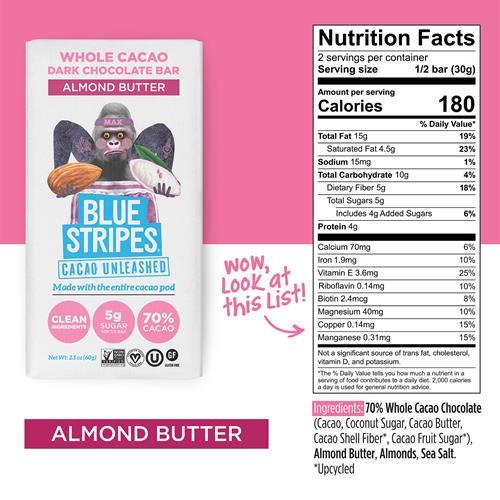 Blue Stripes Whole Cacao Almond Butter Dark Chocolate Bar, 2.1 Oz