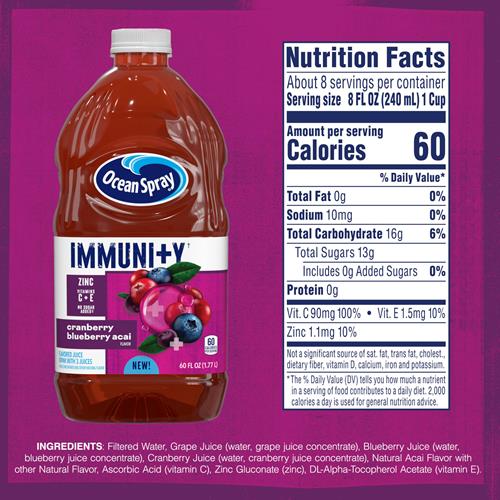 Ocean Spray Immunity Cranberry Blueberry Acai Flavored Juice Drink, Immunity Support Beverage With Antioxidants Vitamin C, Vitamin E And Zinc, 60 Fl Oz Bottle