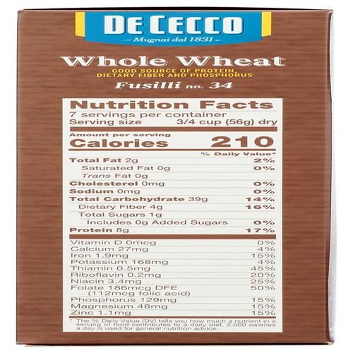 De Cecco Pasta Fusilli Whole Wheat, 13.25 Oz