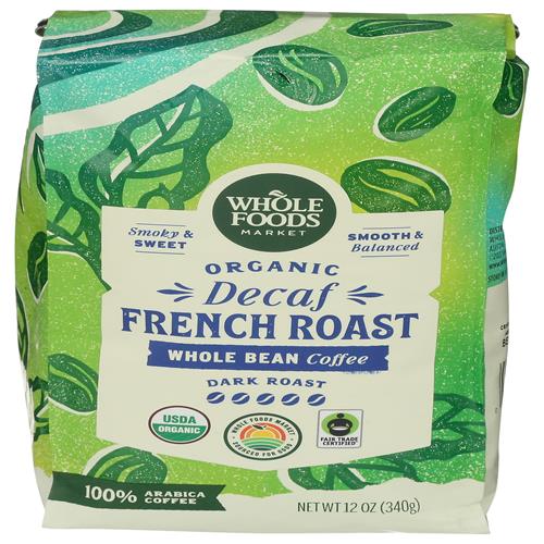 Whole Foods Market, Organic Decaf French Roast Coffee, Whole Bean, Smoky & Sweet, 12 Ounce
