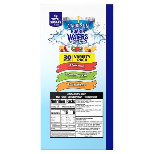 Capri Sun Roarin Waters Fruit Punch, Strawberry Kiwi & Tropical Punch Flavored With Other Natural Flavor Water Beverage, 30 Ct Box, 6 Fl Oz Drink Pouches