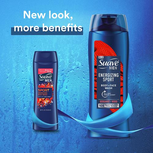 Suave Men Face & Body Wash, Body Cleanser For Moisturized Skin, Energizing Sport, With An All Day Fresh Scent 18 Oz