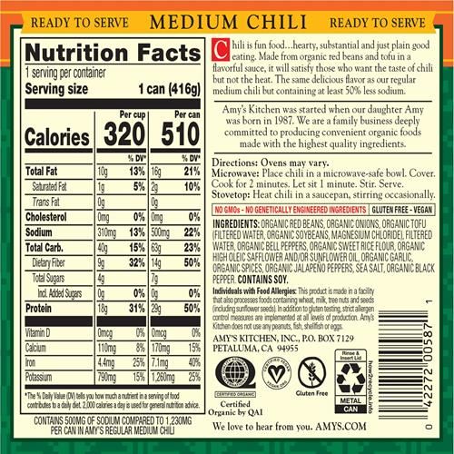 Amys Organic Chili, Vegan Medium Chili, Light In Sodium, Gluten Free, Made With Red Beans And Tofu, 14.7 Oz