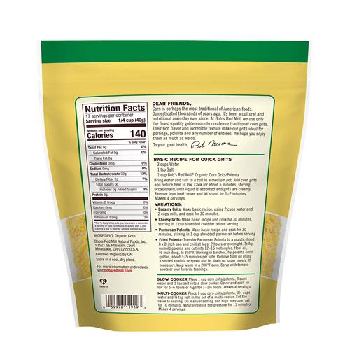 Bobs Red Mill Organic Corn Grits / Polenta, 24Oz (Pack Of 1) - Vegan, Kosher