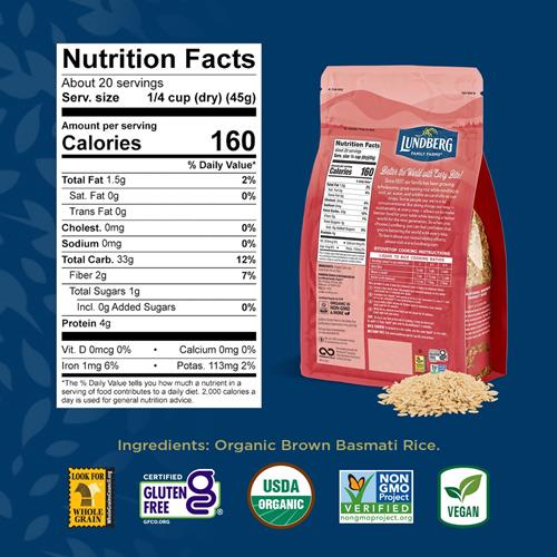 Lundberg Organic Basmati, Long-Grain Brown Rice – Non-Sticky, Fluffy & Aromatic, 32 Oz