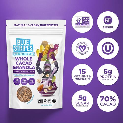Blue Stripes Peanut Butter Banana Whole Cacao Granola, 8 Oz