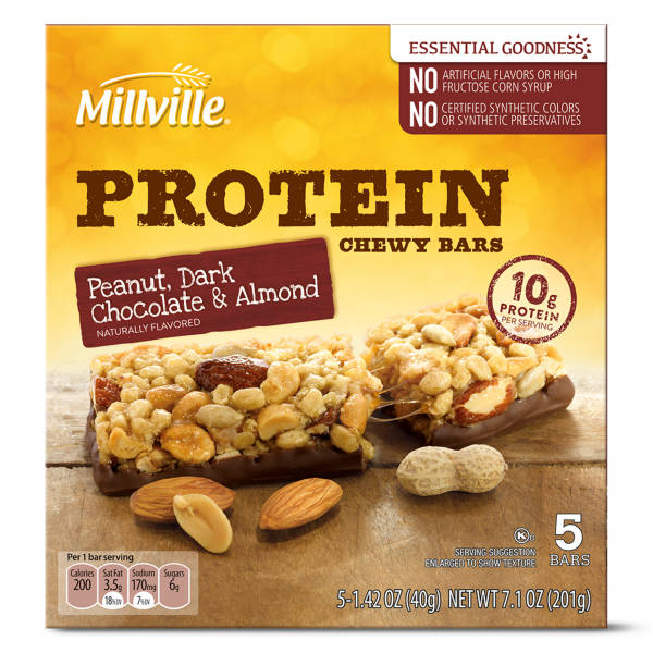 Millville Peanut, Dark Chocolate & Almond Protein Chewy Granola Bars, 5 count