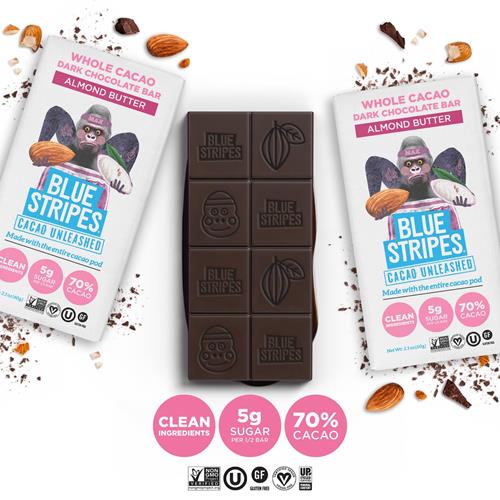 Blue Stripes Whole Cacao Almond Butter Dark Chocolate Bar, 2.1 Oz