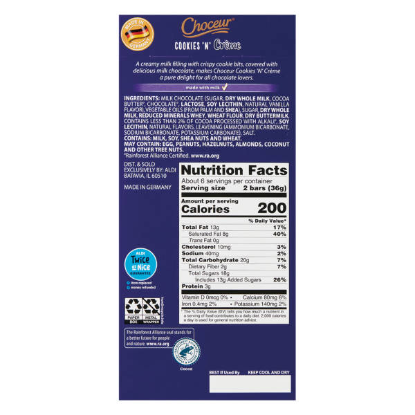 Choceur Cookies & Milk Creme Filled Chocolate Bars, 11 count - 7.05 oz
