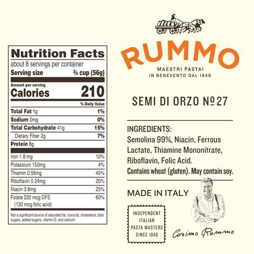 Rummo Semi Di Orzo Pasta N.27 - Orzo Pasta Noodles, Dry Pasta, Durum Wheat Orzo, Small Pasta, Imported From Italy - 16 Ounce (Pack Of 1)