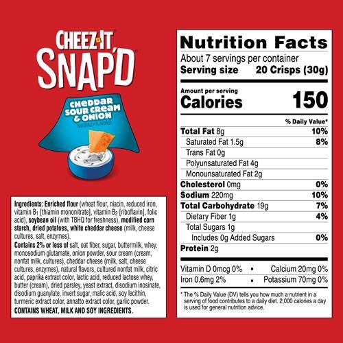Cheez-It Snapd Cheese Cracker Chips, Thin Crisps, Lunch Snacks, Cheddar Sour Cream And Onion, 7.5Oz Bag (1 Bag)