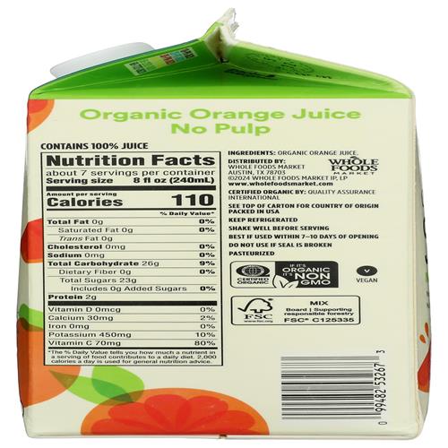 Whole Foods Market Organic Orange Juice, No Pulp, 52 Fl Oz