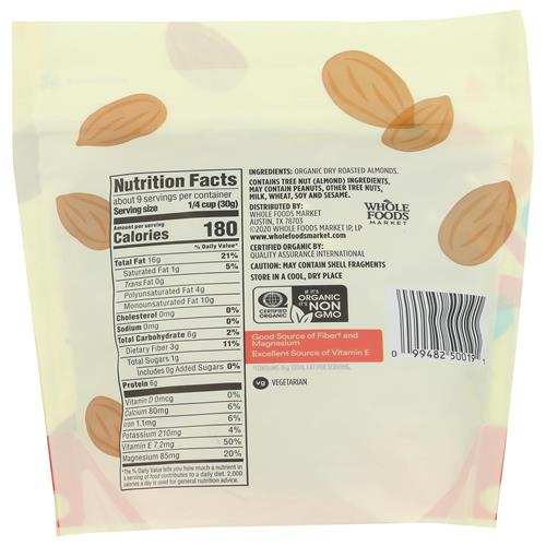 Whole Foods Market, Organic Dry Roasted & Unsalted Almonds, 10 Oz