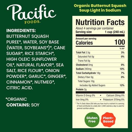 Pacific Foods Organic Butternut Squash Soup, Plant Based Light Sodium Soup, 32 Oz Carton