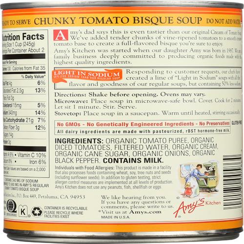 Amys, Soup Tomato Chunky Bisque Low Sodium Organic, 14.5 Ounce