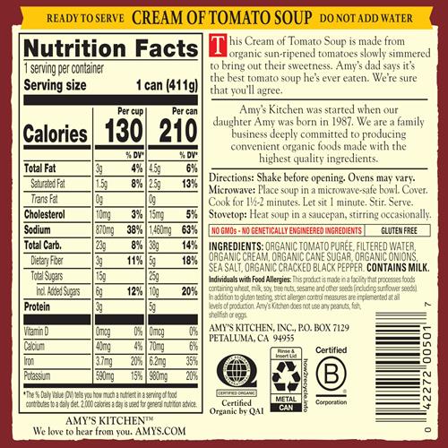 Amy’S Soup, Cream Of Tomato Soup, Gluten Free And Low Fat, Made With Sun-Ripened Tomatoes, Canned Soup, 14.5 Oz