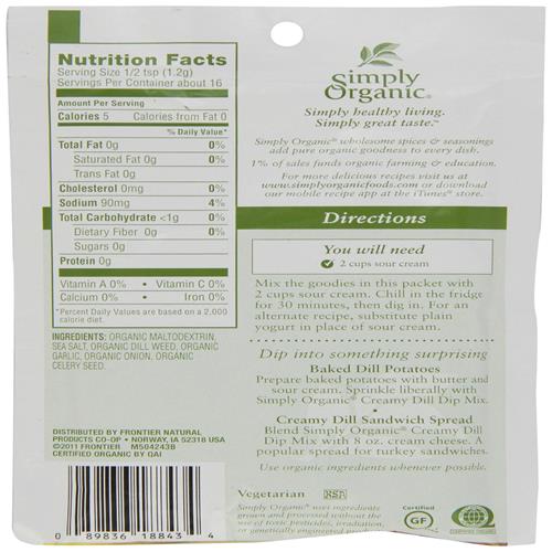 Simply Organic Dip Mix, Creamy Dill, .7 Oz