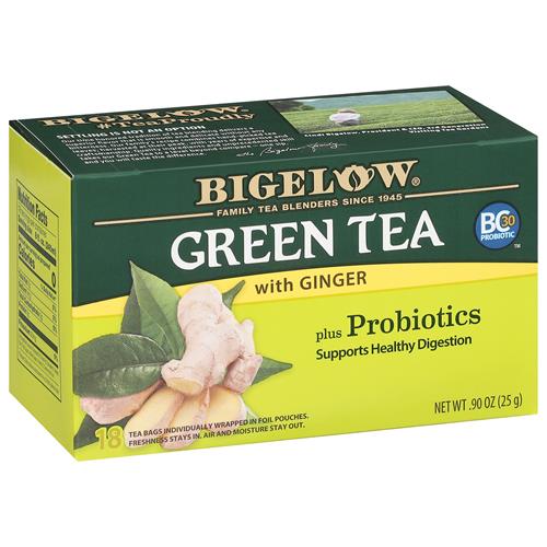 Bigelow Tea Green Tea With Ginger Plus Probiotics, Caffeinated, 18 Count, (Pack Of 1), 18 Total Tea Bags