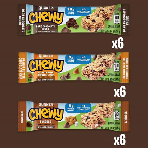 Quaker Chewy Granola Bars, Variety Pack, 0.84 Oz Bars, 18 Ct