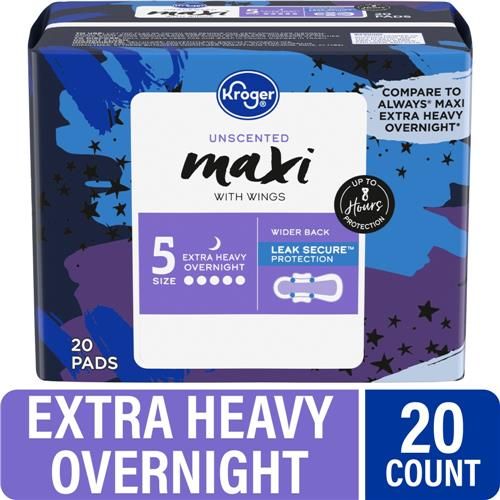 Kroger Maxi Pads with Wings Extra Heavy Overnight Size 5 Unscented 20 count