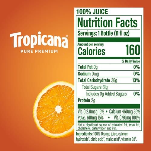 Tropicana Pure Premium 100% Orange Juice Original, Calcium + Vitamin D, 11 Fl Oz Bottle