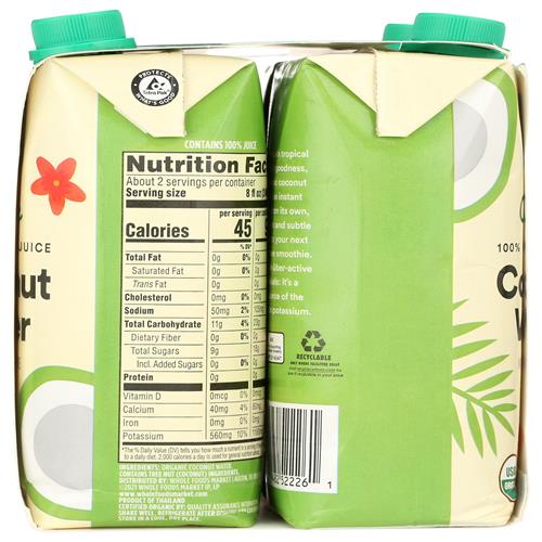 Whole Foods Market, Organic Coconut Water, 100% Pulp-Free Juice, 16.9 Fl Oz Per Carton, Pack Of 4