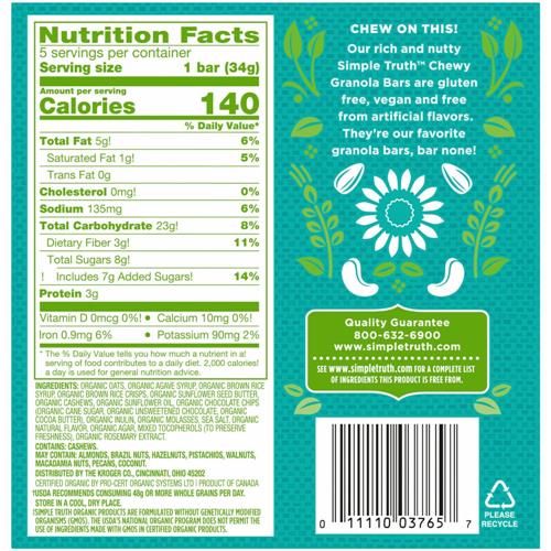 Simple Truth Organic Dark Chocolate Chip Cashew & Sunflower Butter Chewy Granola Bars 5 ct