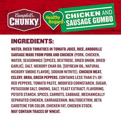 Campbells Chunky Soup, Healthy Request Chicken And Sausage Gumbo, 18.8 Oz Can