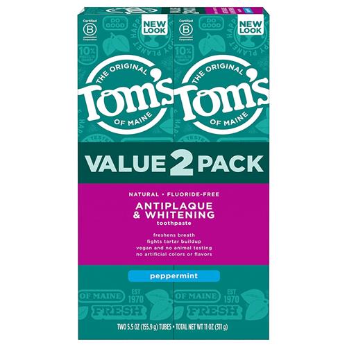 Toms Of Maine Fluoride-Free Antiplaque & Whitening Natural Toothpaste, Peppermint, 5.5 Oz. (Pack Of 2)