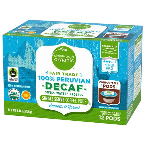 Simple Truth Organic Decaf 100% Peruvian Medium Roast Coffee Pods 12 ct
