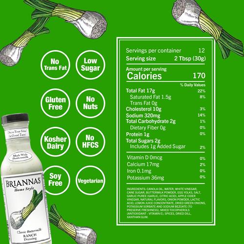Briannas - Home Style Classic Buttermilk Ranch Dressing – Fine Salad Dressing Made With Premium Ingredients - Gluten Free, Kosher, & Low Sugar Dressing - 12 Oz. Bottle