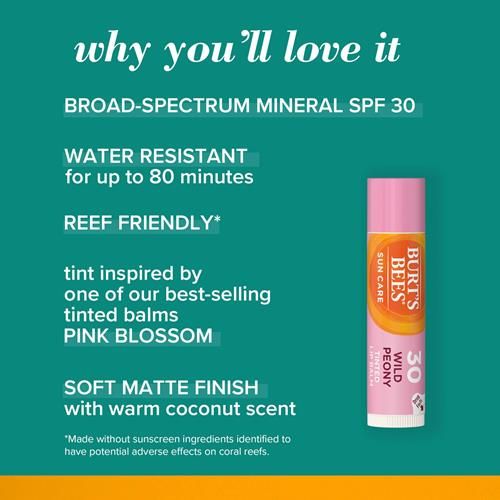 Burt’S Bees Sun Care Tinted Lip Balm, Spf 30 Mineral Sunscreen, Wild Peony, 1 Tube