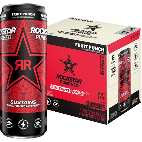 Rockstar Punched Energy Drink, Fruit Punch, 12 Fl Oz Cans (6 Pack)