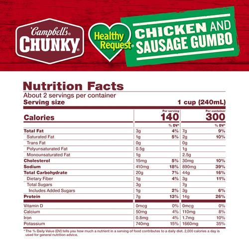 Campbells Chunky Soup, Healthy Request Chicken And Sausage Gumbo, 18.8 Oz Can