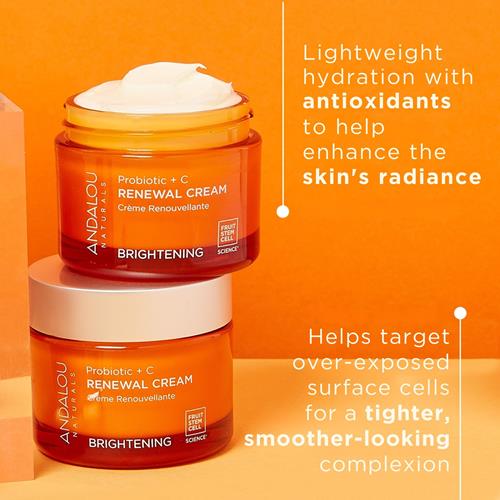 Andalou Naturals Probiotic + C Renewal Cream, Probiotic Plus C, Complexion Enhancing Face Moisturizer, Helps Promote Firmer Skin & More Even Skin Tone, Lightweight Hydrating Facial Moisturizer, 1