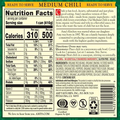 Amys Organic Chili, Vegan Medium Chili, Light In Sodium, Gluten Free, Made With Organic Red Beans And Tofu, 14.7 Oz