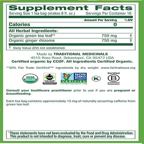 Traditional Medicinals Organic Green Tea Ginger Herbal Tea, Promotes Healthy Digestion, (Pack Of 1) - 16 Tea Bags